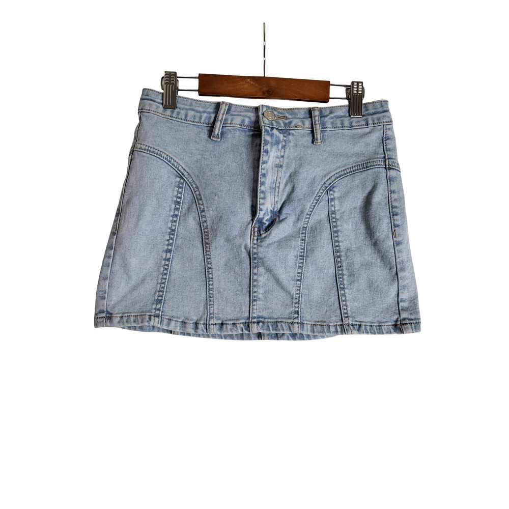 SHEIN Light Wash Denim Mini Skirt Blue Paneled Seam Detail Size 6 M Y2K Revival
